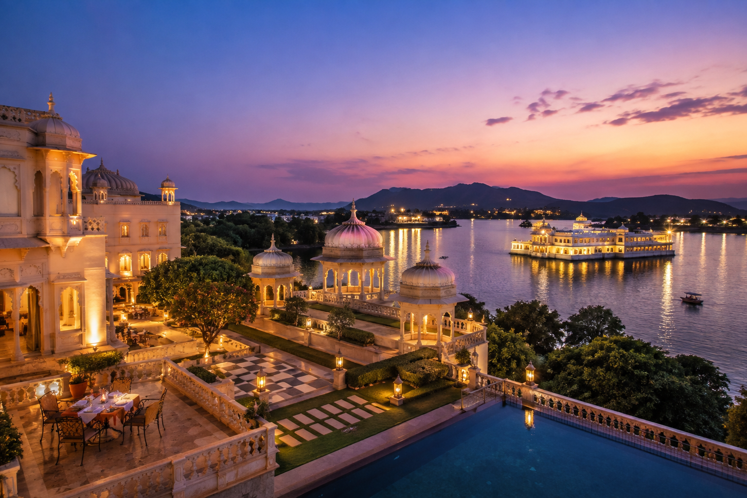 Justa Rajputana  -inspired heritage resort overlooking the serene lake at sunset in Udaipur, Rajasthan.