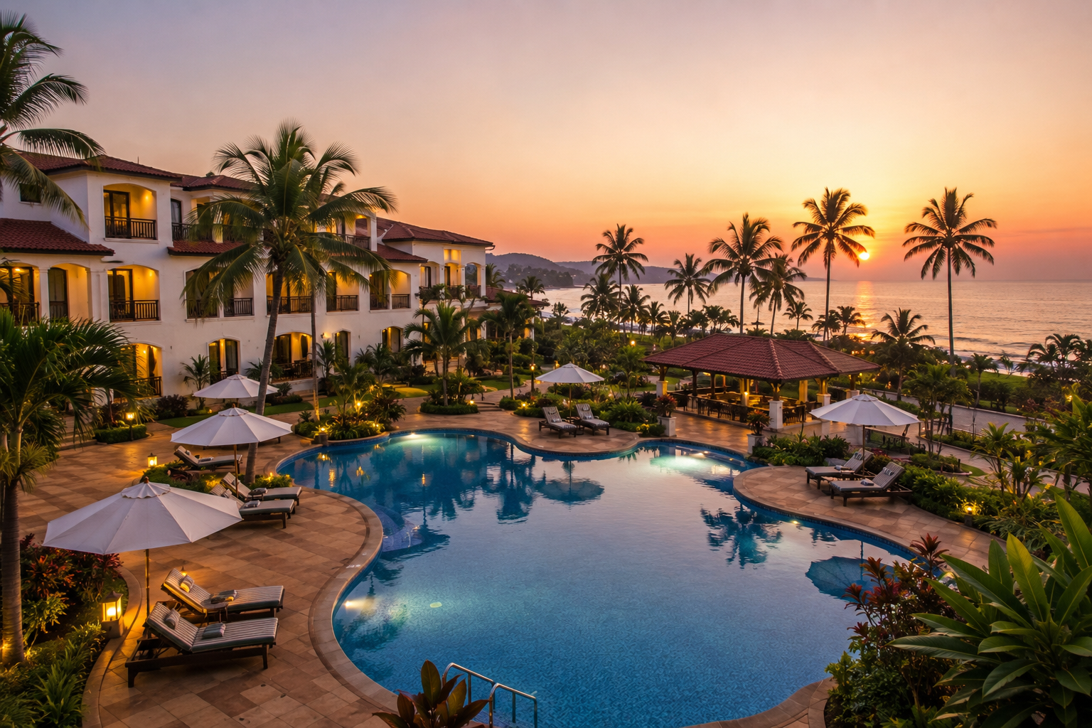 Fairfield by Marriott Goa Calangute surrounded by tropical greenery and a relaxing resort-style pool at sunset.