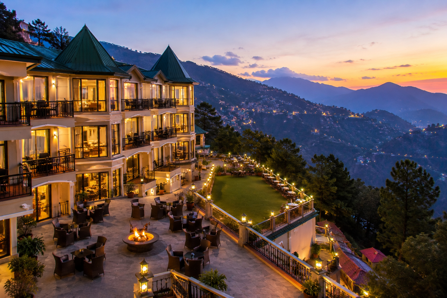 Radisson Hotel Jass Shimla overlooking the Himalayan mountains at sunset, surrounded by pine-covered hills.
