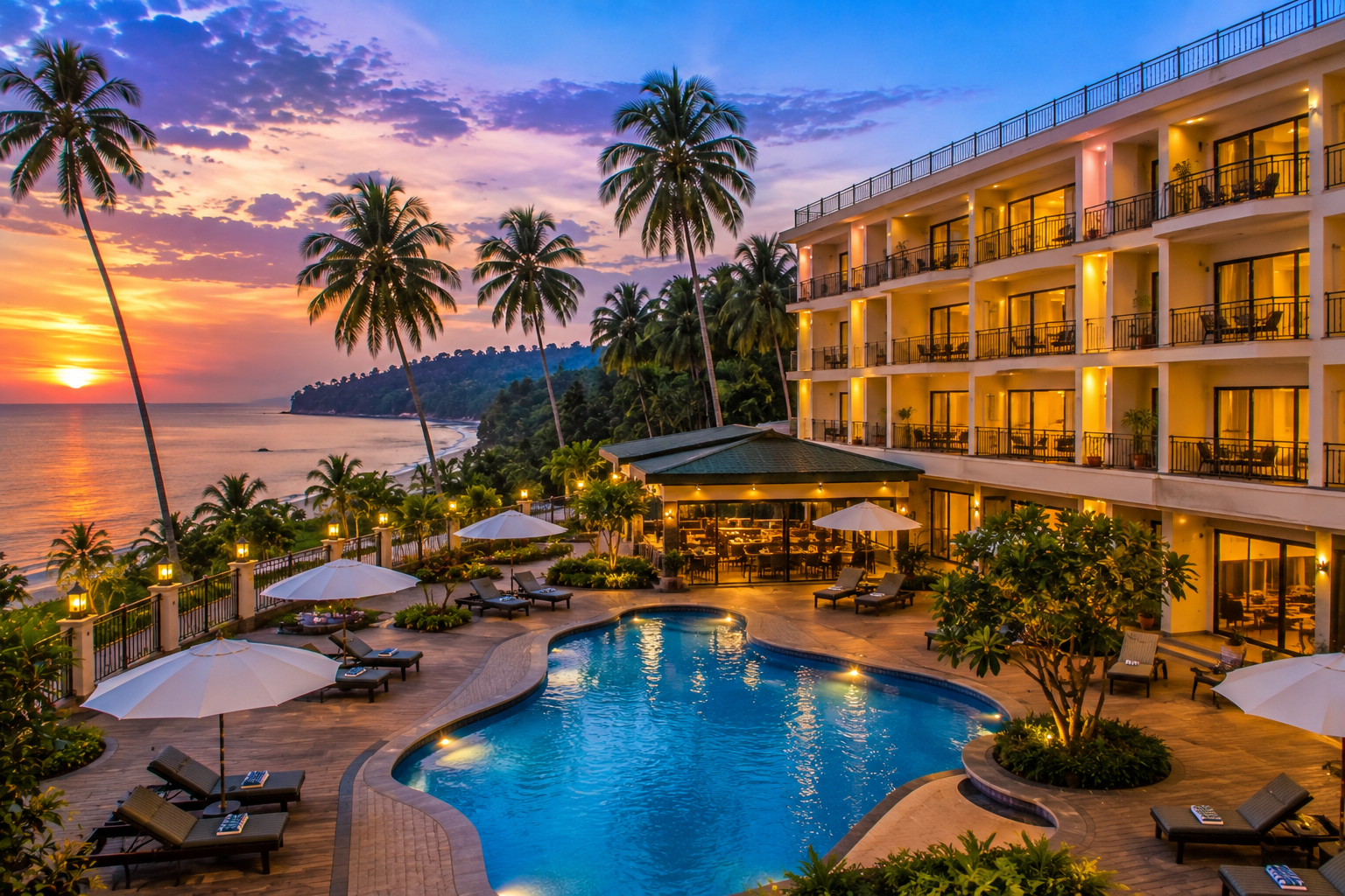 Lemon Tree Hotel, Port Blair surrounded by tropical greenery with a swimming pool and beautiful sunset views.