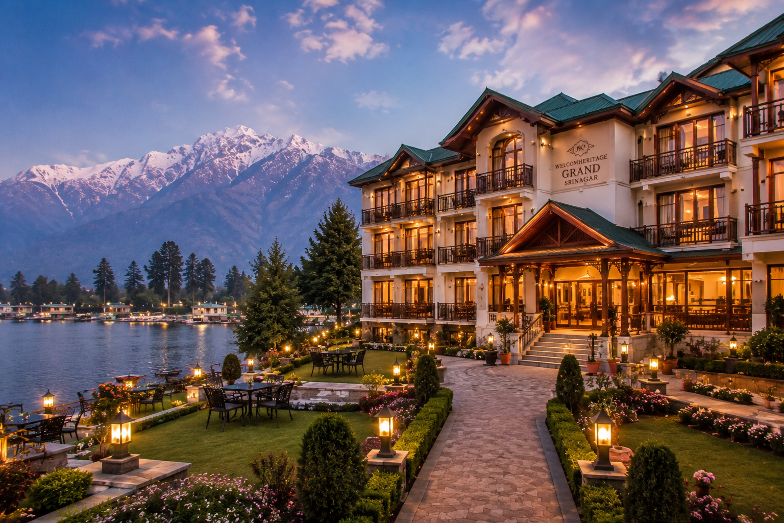 WelcomHeritage Grand Srinagar surrounded by landscaped gardens and Himalayan scenery at dusk.