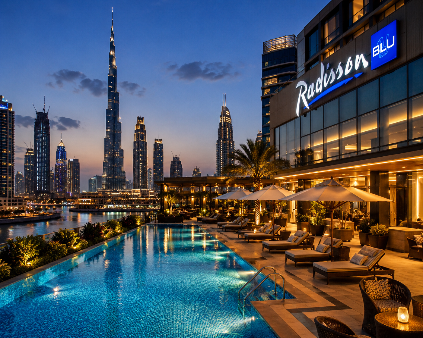 Luxury Radisson Blu hotel setting in Dubai with a rooftop pool and illuminated city skyline.