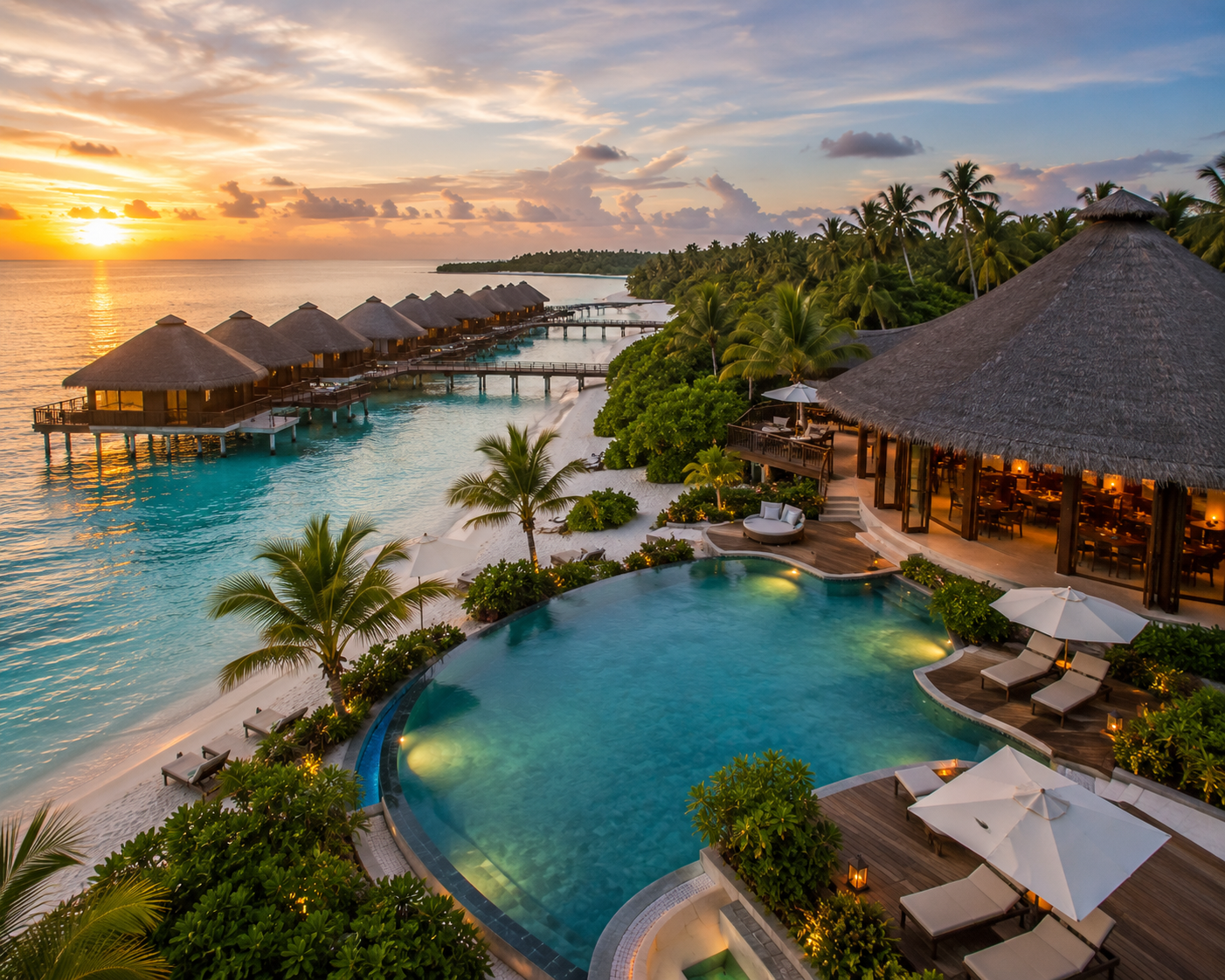 Medhufushi Island Resort surrounded by turquoise lagoon waters, tropical greenery, overwater villas, and a beautiful sunset in the Maldives.