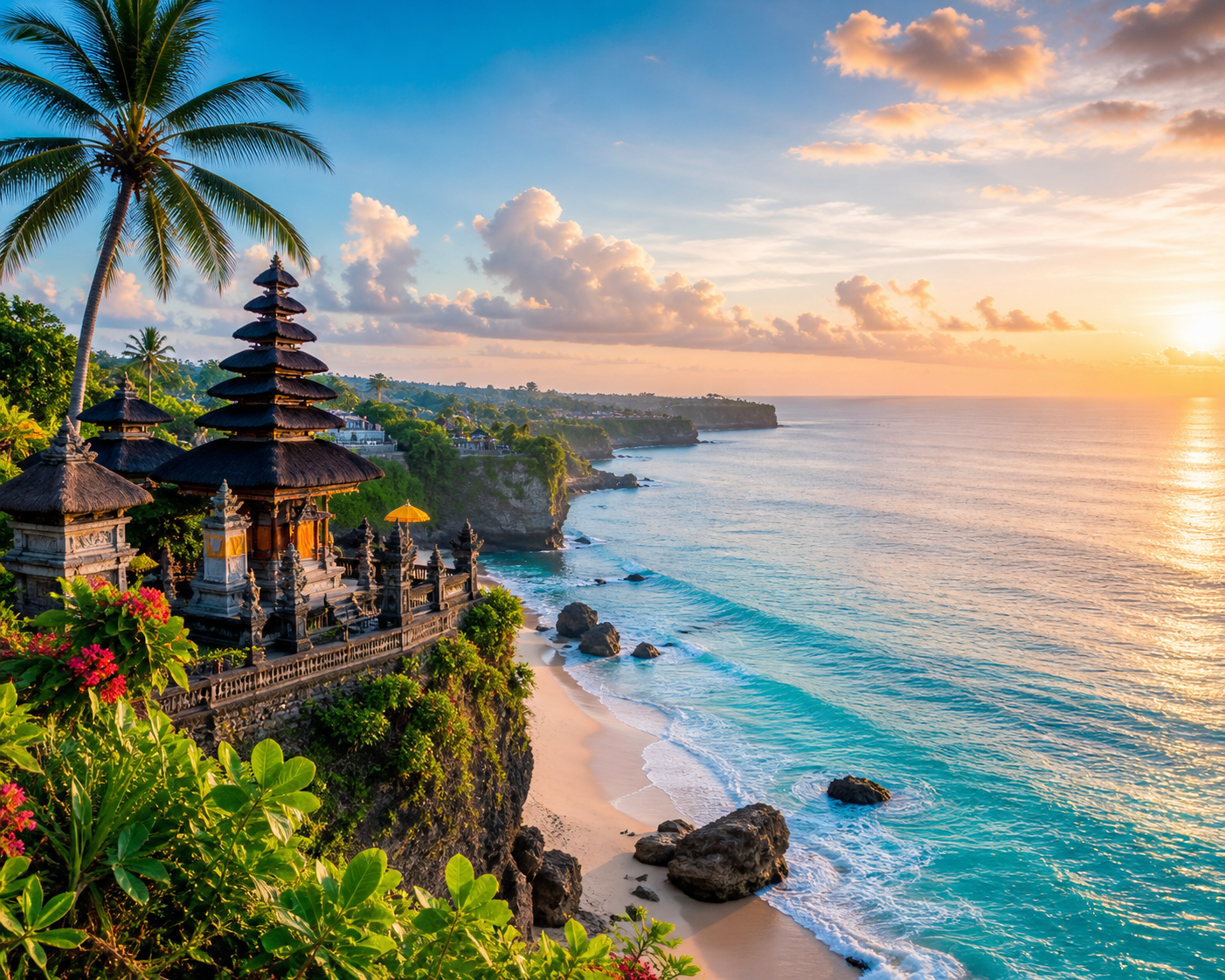 Beautiful Bali beach with tropical resort and palm trees